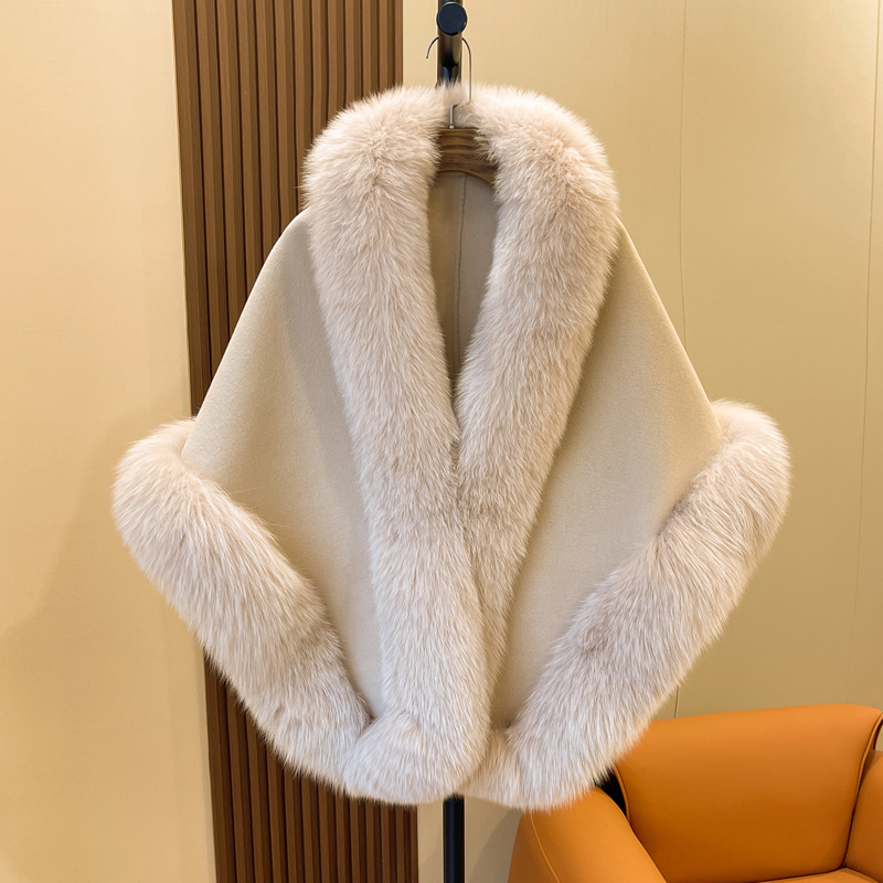 秋冬羊毛双面呢狐狸毛皮草披肩女