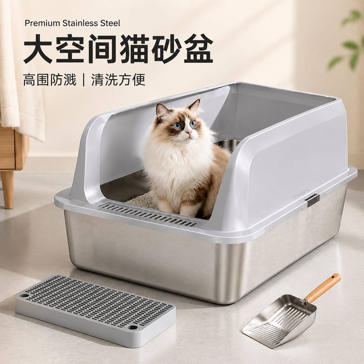 亚马逊不锈钢猫砂盆高围栏防外溅