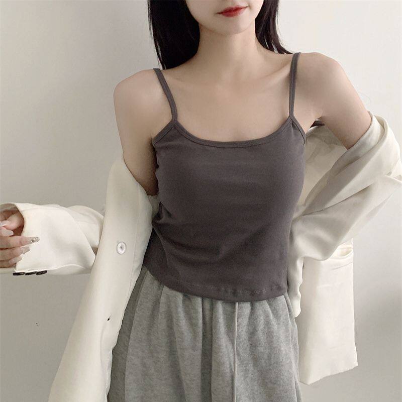 韩版爆款纯棉吊带美背背心一体式带胸垫裹胸纯色外穿打底短款上衣