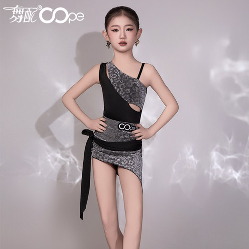 新款拉丁舞服oope舞配训练服拉丁舞练功服女童吊带修身豹纹裙TJ