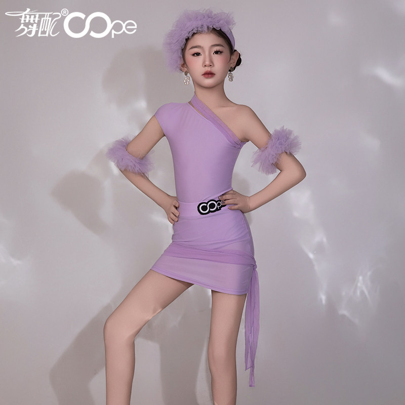 新款拉丁舞服oope舞配训练服拉丁舞练功服女童紫色演出服套装TJ