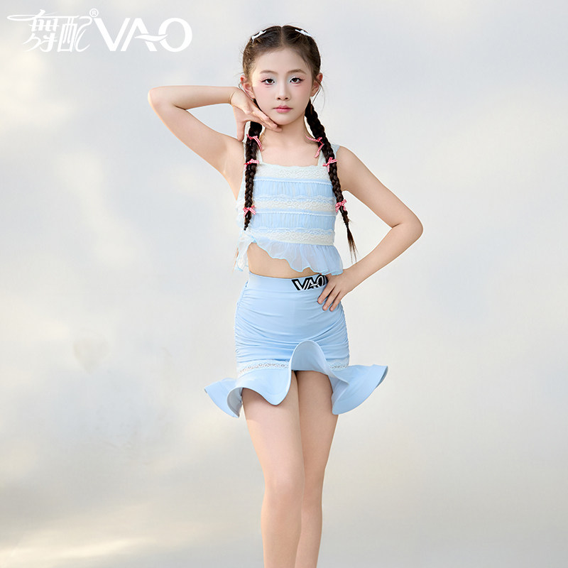 2026拉丁舞练功表演服女童蓝色