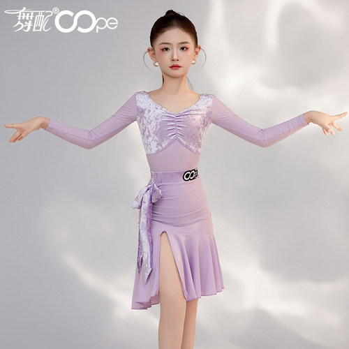 新款拉丁舞服女童oope舞配舞服紫色训练服少儿拉丁舞练功服女TJ