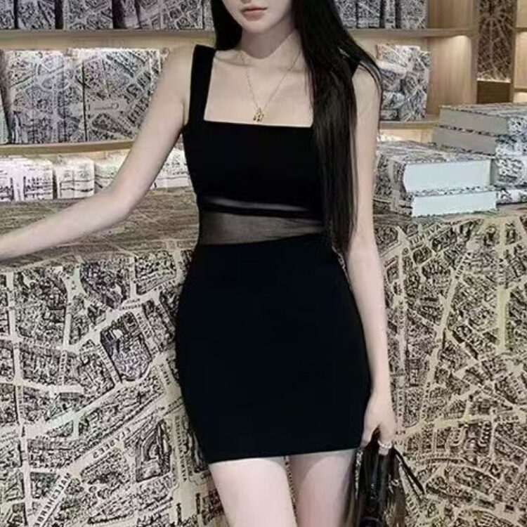 韩国夏季新款黑色性感镂空透视小礼裙针织背心收腰包臀连衣裙短裙