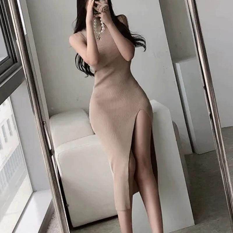 韩版春秋新款气质半高领修身开叉显身材无袖长款针织包臀连衣裙女