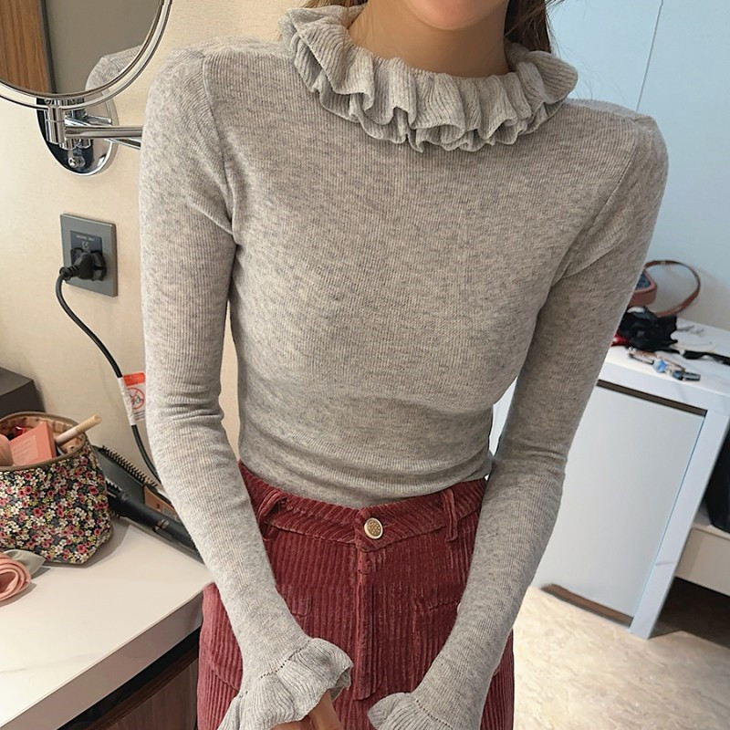 2024秋冬装新款洋气木耳边打底衫立领女内搭毛衣长袖百搭针织衫潮