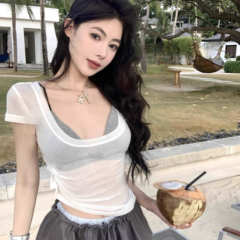 实拍夏季新款性感清纯小白花高透慵懒纯欲纯色上衣百搭短袖t恤女