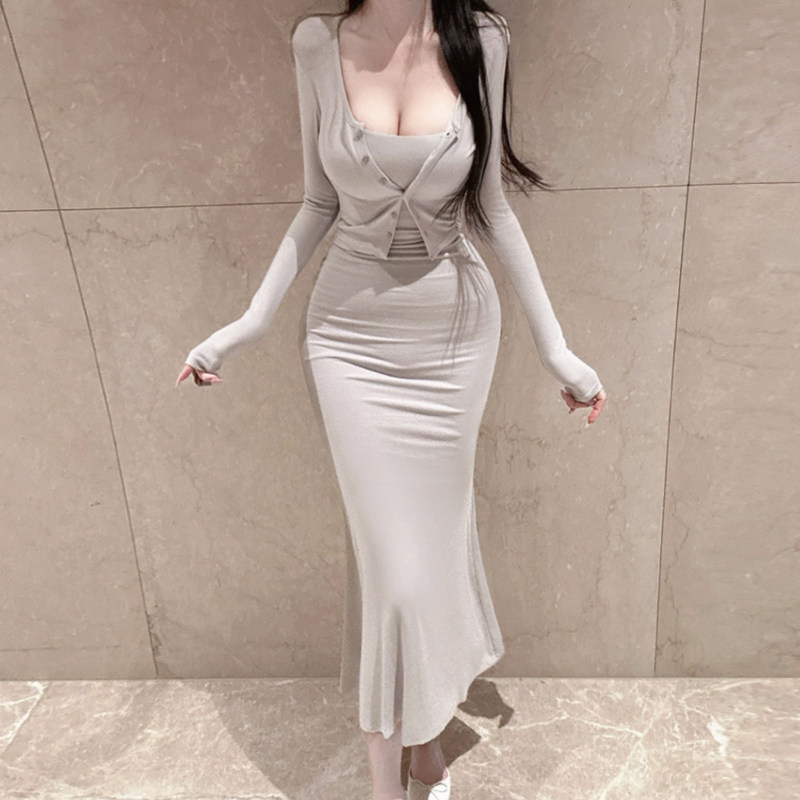 纯欲风夏季新款时尚套装修身性感女人味吊带连衣裙+开衫两件套潮