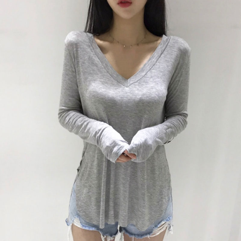 韩国2025春秋新款女装宽松百搭大V领纯欲风粉色长袖内搭t恤上衣女