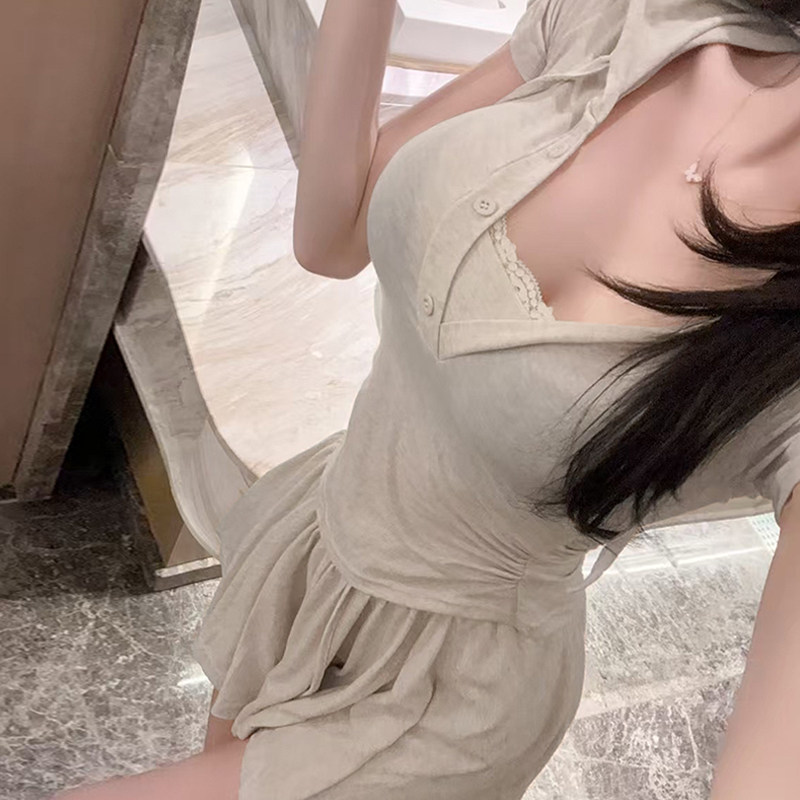 韩版春秋新款修身显瘦纯欲风性感连帽短袖上衣+高腰半身裙两件套