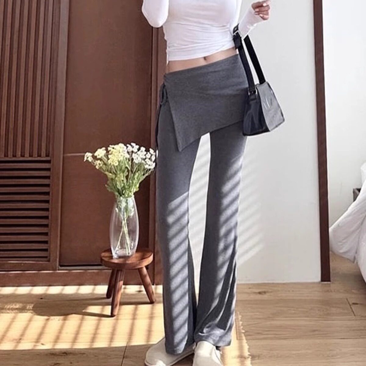 2025韩版春夏新款纯欲风松弛感修身显瘦弹力侧开叉微喇裙裤休闲裤