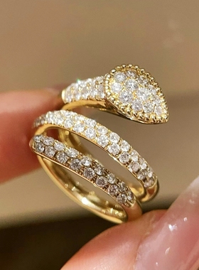 满钻蛇形戒指18K轻奢双环戒指