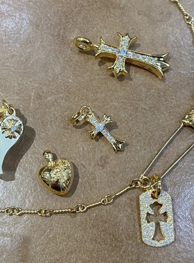 18k金天然钻石大小双十字架桃心军牌回形针口哨竹节链吊坠项链