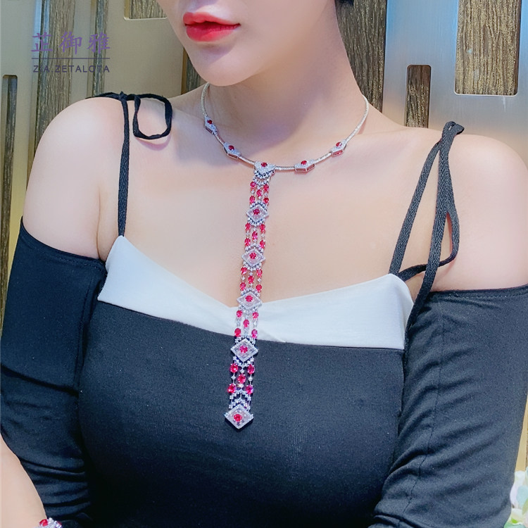 ZIA芷御雅设计款18k金白金玫瑰金钻石满钻尖晶石拼接钻石项链