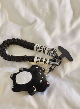 ins呆萌黑色猫咪挂件短款编织麻花公仔背包手机相机挂绳手机通用=
