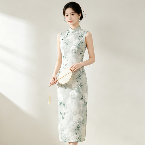 浅绿色碎花无袖旗袍素雅连衣裙女