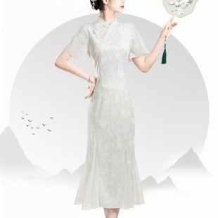 青绿色鱼尾旗袍2026新款改良年轻款小个子日常素雅新中式连衣裙女
