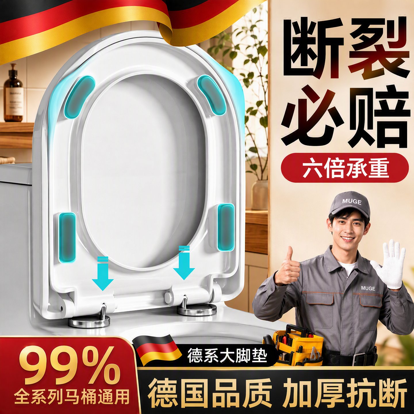 德国马桶盖家用通用加厚大脚垫老旧式马桶圈替换盖坐便器盖板配件