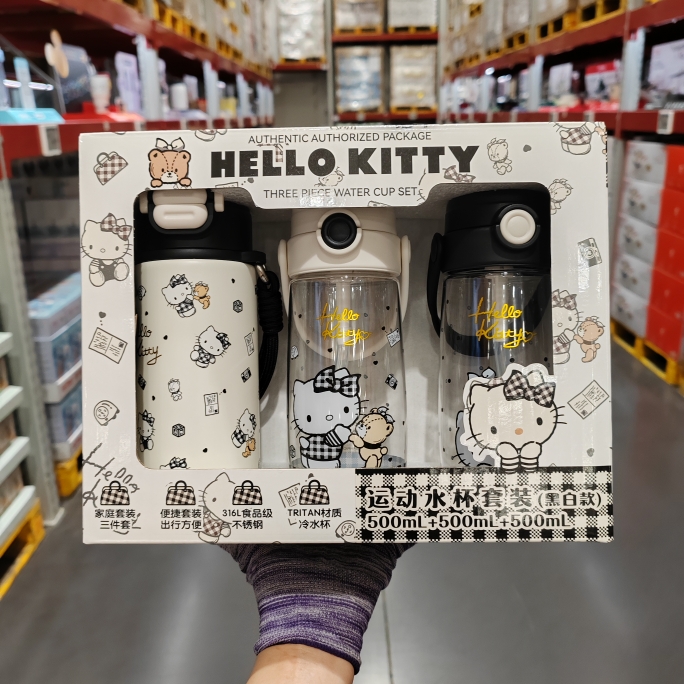 HelloKitty运动水杯+保温杯3件套宝宝儿童吸管杯学生水壶山姆代购