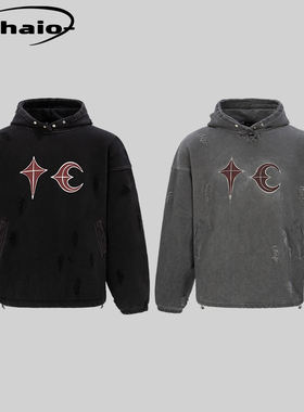 Thug Club 23fw 拼皮破坏金属排扣帽衫水洗做旧卫衣 朴宰范同款韩