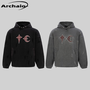 Club 朴宰范同款 23fw 水洗做旧卫衣 韩 拼皮破坏金属排扣帽衫 Thug