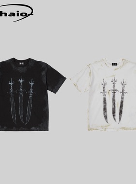 Thug Club 24fw 圣剑脏染做旧复古Vintage印花廓形短tee韩潮