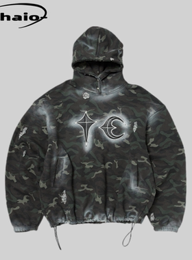 Thug Club 25ss 做旧破坏喷漆拼皮logo迷彩排扣帽衫卫衣短宽版型