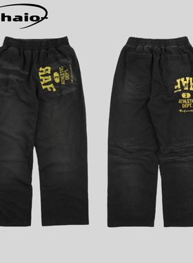 Far Archive 25fw 做旧水洗磨白喷染印花logo棉质运动裤卫裤 韩