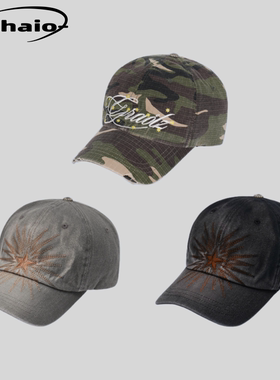 Grailz 24ss 金属星星刺绣迷彩水洗做旧弯檐鸭舌帽 vibe风帽子韩