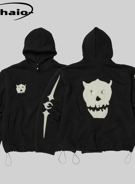Thug Club 25fw 拼皮鬼脸刺绣金属星月logo排口帽衫卫衣 宽松版型