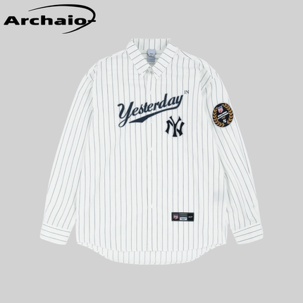 Protocol Index 25fw 条纹复古标语徽章刺绣棒球衬衫韩 ProjectGR