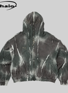 Thug Club 25ss 迷彩多色脏染做旧全金属拉链蒙面短款帽衫外套韩