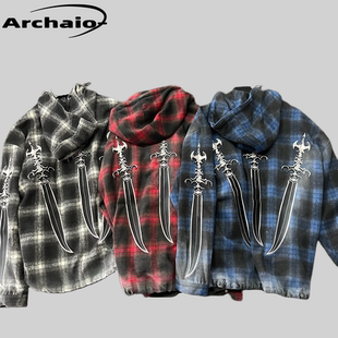 Thug Club 24fw 圣剑刺绣格子连帽拉链外套金属水洗做旧磨白韩国