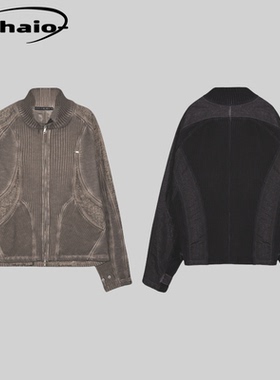 Grailz 24ss 做旧机车针织立领脏染夹克外套拉链拼接金属徽章韩