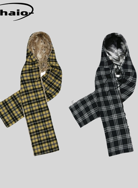 Grailz 25fw 二合一可翻转头戴式围巾格纹撞色毛皮拼接 可调节 韩