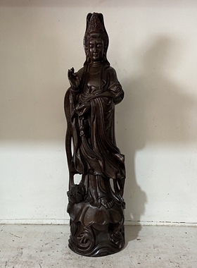 沉香木如意观音菩萨摆件 实木雕刻家居客厅吉祥装饰品木质工艺品