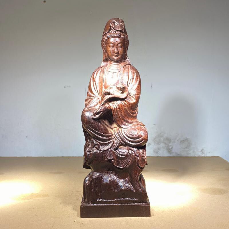沉香木如意观音菩萨佛像摆件天然实木雕刻坐姿佛像家居供奉保平安
