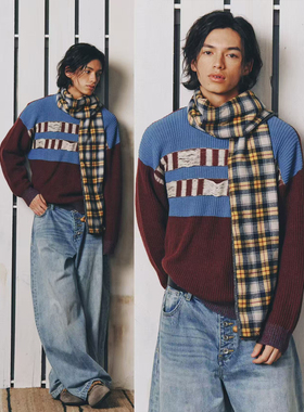 PROS BY CH拼色挂毛毛衣男秋冬情侣宽松保暖古着vintage针织衫