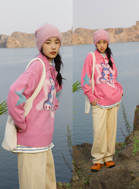 PROS BY CH五角星重影小兔毛衣男秋冬加厚针织衫情侣古着vintage