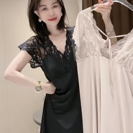 性感蕾丝拼接带胸垫睡裙夏季冰丝2026网红同款轻奢高级感美背睡衣