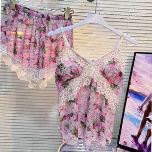 大码 性感碎花黄色战袍家居服2025夏季 纯欲V领蕾丝拼接睡衣两件套