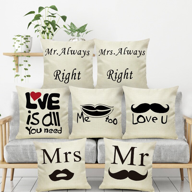 Mr.Mrs.Right胡子嘴唇情侣枕套设计 复合亚麻靠枕套抱枕沙发靠垫