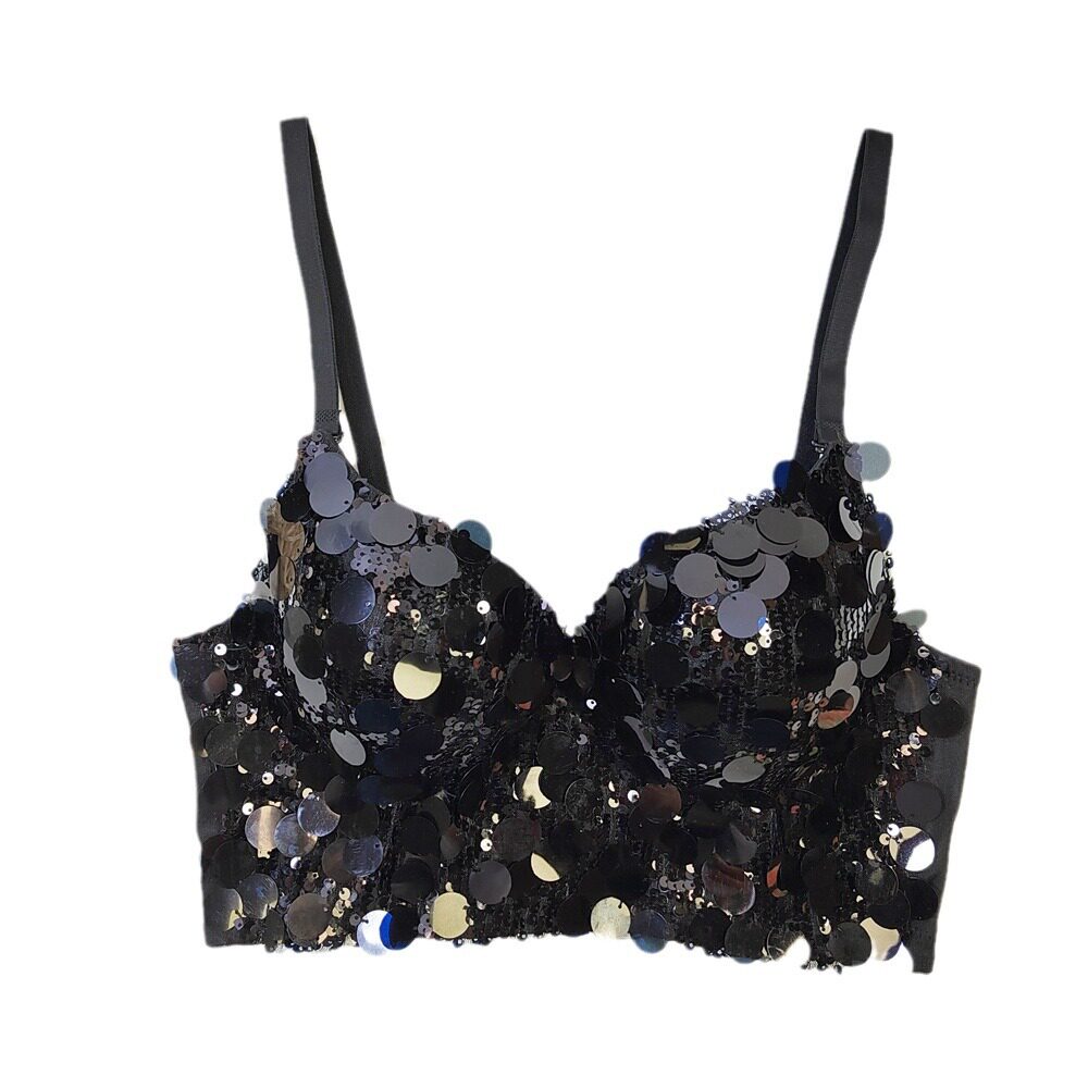 夜店辣妹美背内衣一体式固定杯外穿抹胸短款亮片刺绣露背V领吊带