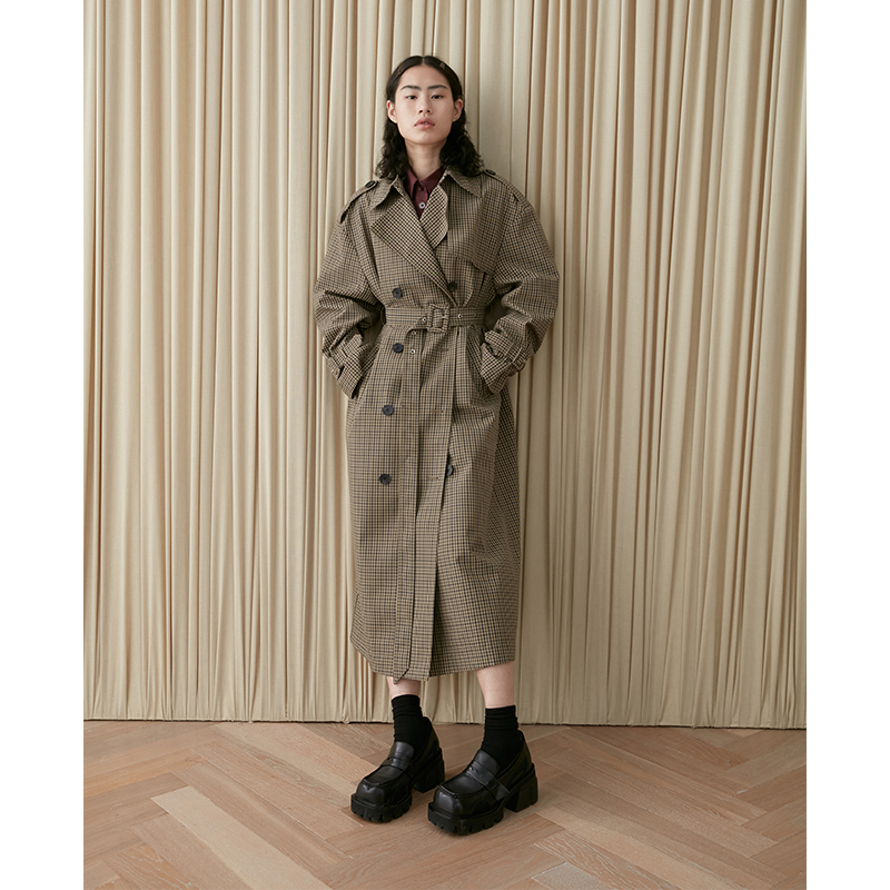 damowang经典格纹翻领风衣