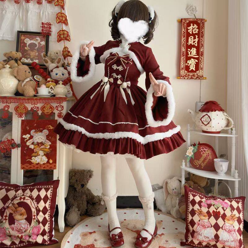 暖冬Lolita洋装新年款可爱lo裙jsk加厚吊带连衣裙两件套