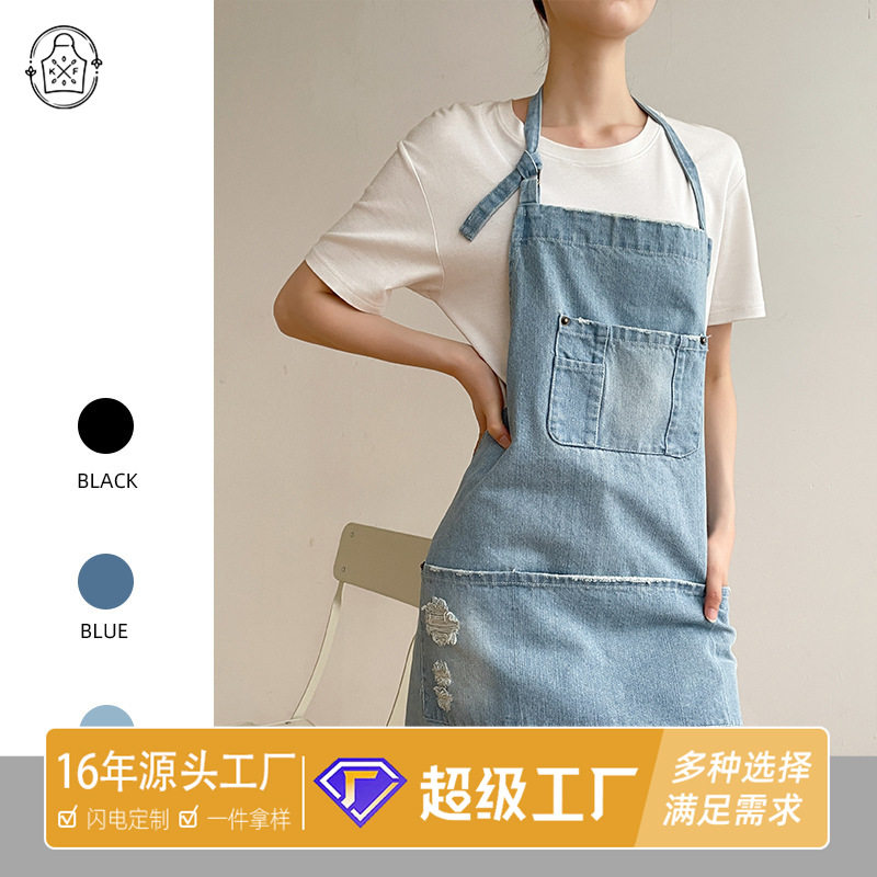 韩式全棉家用围裙亚马逊工作服牛仔水洗全身纯棉牛仔围裙