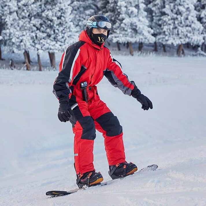 跨境新款成人男女连体滑雪服纯色保暖连帽滑雪衣裤