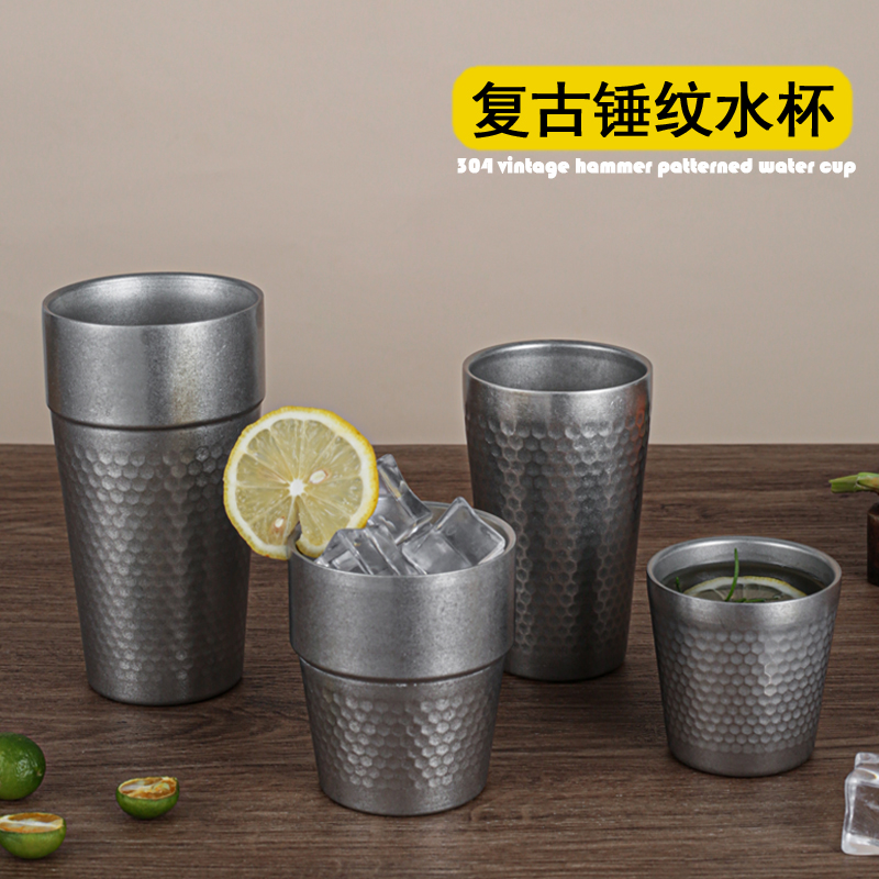 复古304不锈钢锤纹水杯果汁杯工业风双层啤酒杯做旧户外野餐杯