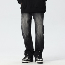 PilotDragon美式高街微喇牛仔裤男阔腿排扣黑色水洗宽松vibe裤子