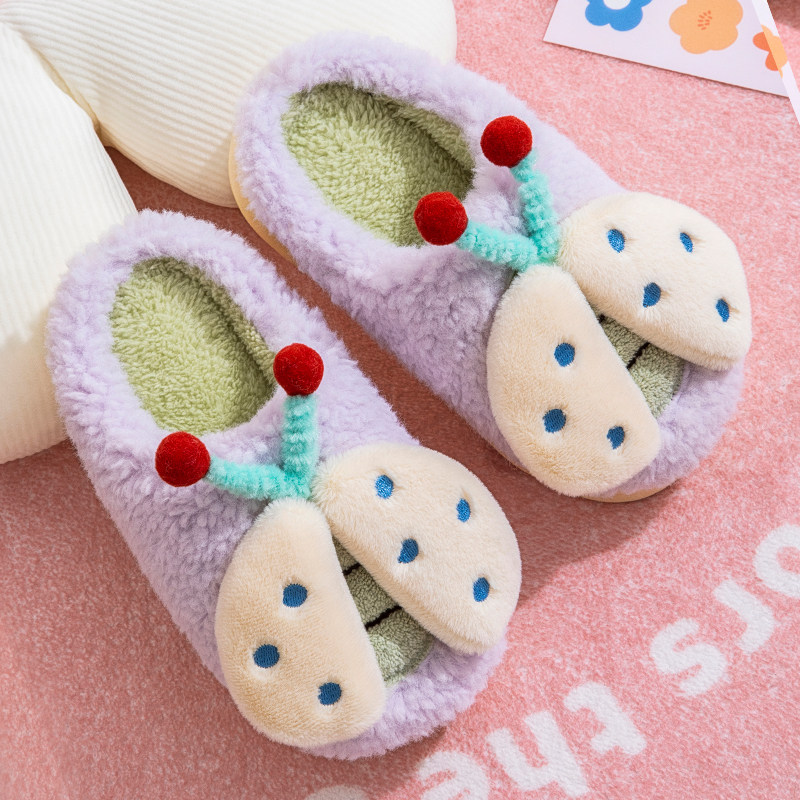 保暖防滑棉拖鞋儿童可爱瓢虫半包跟棉拖冬季毛绒加厚男女童毛拖鞋